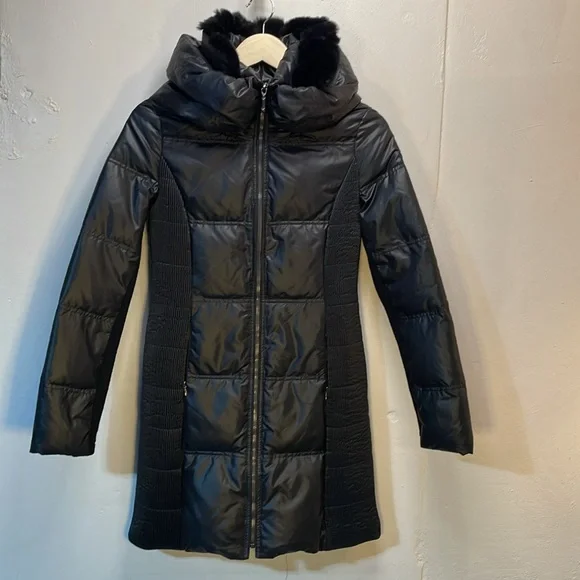 BCBGMaxazria Beautiful Black Puffer Knee Length Coat Removable Fur -XS- #0044 - Picture 5 of 16